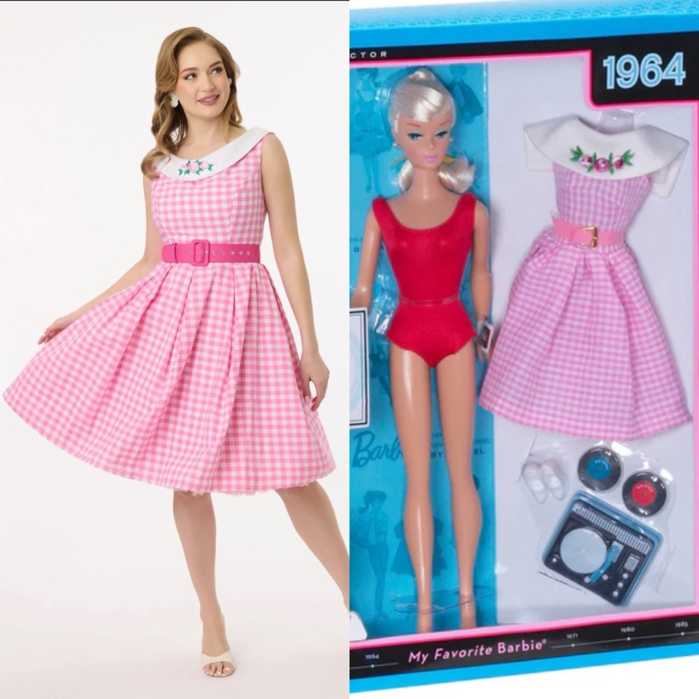 PRICE FIRM Barbie Unique Vintage Pink Gingham Cotton Dancing Doll Swing Dress
